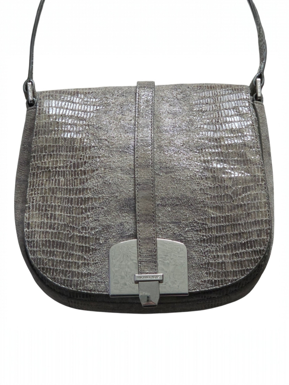Michael Kors Croc Embossed Leather Crossbody Bag Grey Tan Silver Hardware